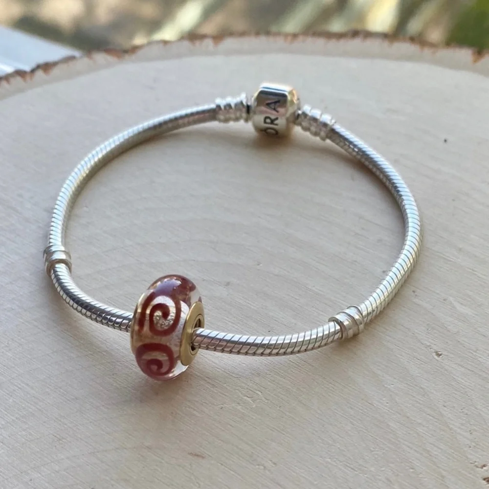 NEW Pandora RETIRED RARE 14k Gold Glass Red Swirl Murano Charm - Picture 6 of 16